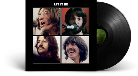 The image shows the album cover and vinyl record for 'The Beatles - Let It Be' (2021). The cover has four individual images of the band members set against a black background.