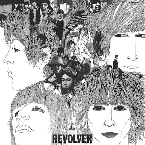 The album cover of 'Revolver' by The Beatles featuring a black and white illustration with multiple exposures of the band members' faces.