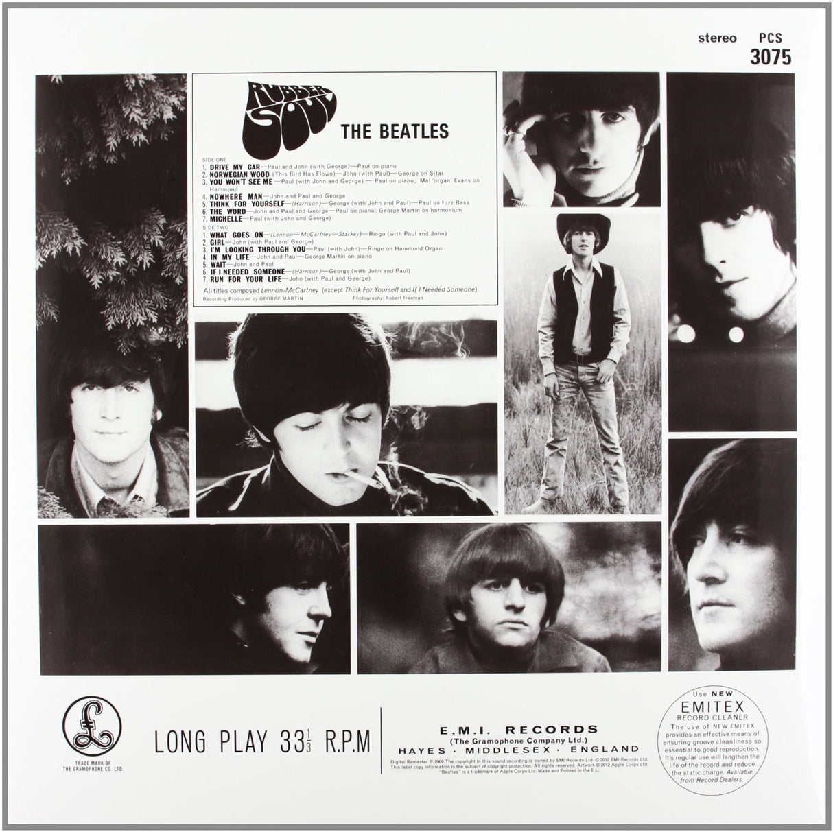 The Beatles 'Rubber Soul' back album cover featuring individual pictures of the band and song listings.