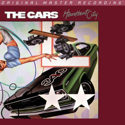 Album cover for The Cars' Heartbeat City featuring an illustration of a car with stars and a stylized figure of a woman.
