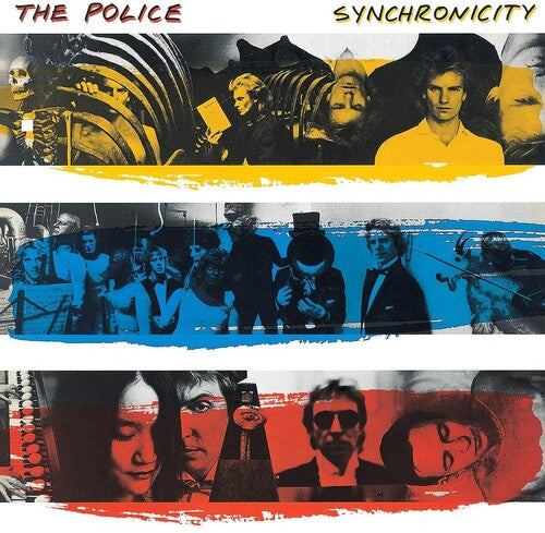 The cover art for 'The Police - Synchronicity' album features a collage of black and white photos of the band members in various poses and a colorful depiction of a woman with a camera.