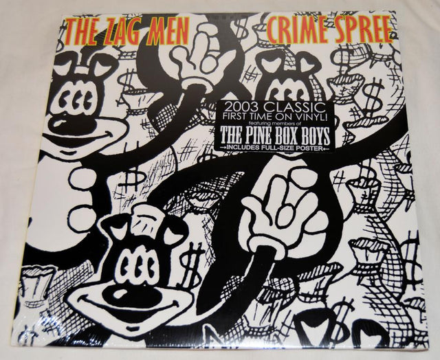 Front cover of 'Crime Spree' by The Zag Men showing black and white drawings of a cartoon character with 3 eyes and bags of money.