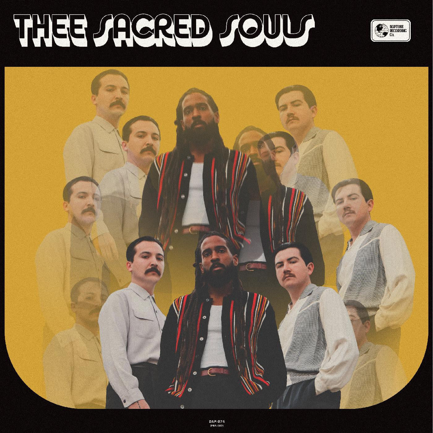 The cover art features a group photo of Thee Sacred Souls band members in various poses against a yellow background, indicating a vintage and soulful music theme.