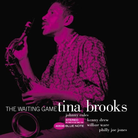 Album cover with a person playing saxophone in pink on a black background, featuring the text 'The Waiting Game' by Tina Brooks.