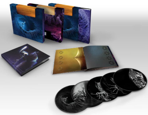 Collection of vinyl records with artistic covers on a white background