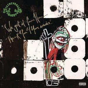 Album cover with a stylized face and text on a black background