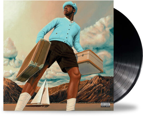 Vinyl record with a stylized cover featuring a person with suitcases and a sailboat.