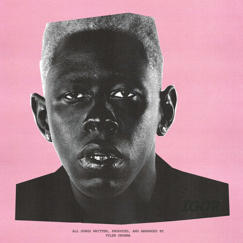 The image is a vinyl LP cover featuring a portrait of Tyler, The Creator, in a black and white photograph style. The album title 'Igor' and the artist's name are visible at the top.