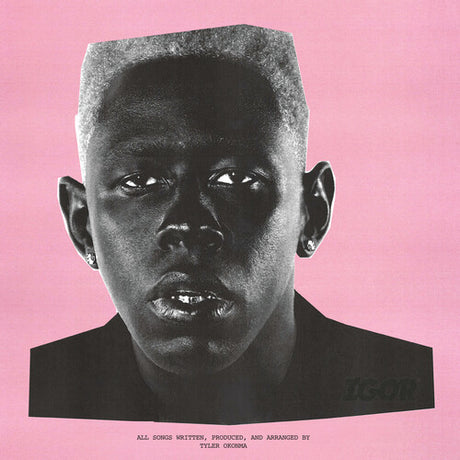 The image is a vinyl LP cover featuring a portrait of Tyler, The Creator, in a black and white photograph style. The album title 'Igor' and the artist's name are visible at the top.