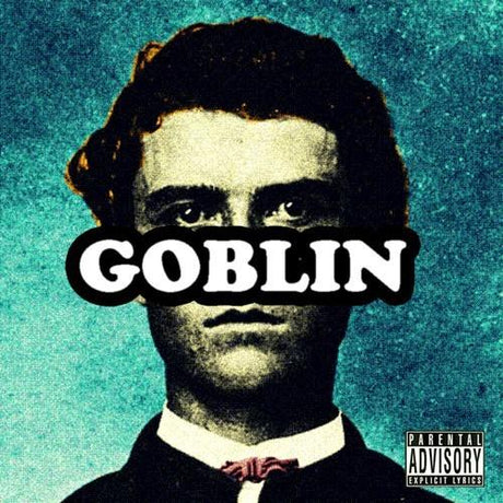 This image features the album cover of "Goblin" by Tyler, The Creator, a prominent album in the hip hop genre. The cover art displays a stylized, grainy portrait of a young man with the album title "GOBLIN" overlayed in bold, white letters across his face.
