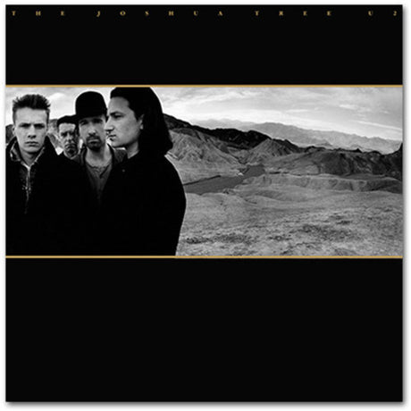 Vinyl record cover featuring a black and white photograph of U2 band members with a landscape in the background.