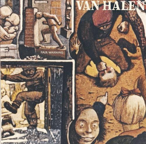 Van Halen - Fair Warning Album cover art for Van Halen - Fair Warning featuring a cartoon illustration with multiple scenes, including a person jumping off a building, a man with a bow and arrow, and a group of people fighting.