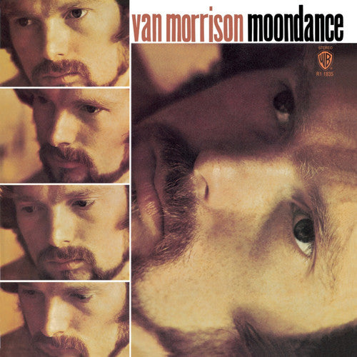 Album cover of Van Morrison's 'Moondance' featuring a collage of photographs with close-up shots of a man's face.