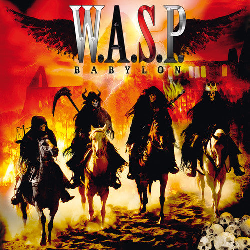Album cover for W.A.S.P. 'Babylon' with four horsemen and fiery background