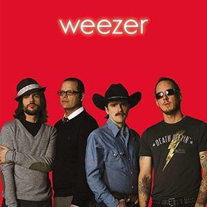 The image shows the cover of the Weezer Red Album with a red background and the band Weezer pictured in front. From left to right: a member with a beard and hat, a member with glasses and a mustache, a member with a cowboy hat, and a member with sunglasses and a t-shirt.