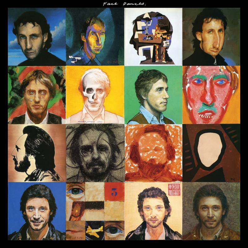 A collection of album cover art for The Who's 'Face Dances - 40th' vinyl record, featuring various colorful designs and portraits of band members.