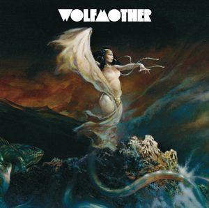 The album cover features an illustration of a female figure with outstretched arms, set against a backdrop of swirling clouds and what appears to be a celestial landscape. The title 'Wolfmother' is displayed at the top in a bold font.