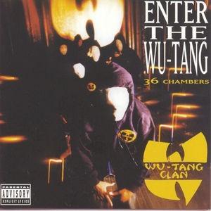 The image shows the album cover of 'Enter The Wu-Tang' by Wu-Tang Clan. It features 36 chambers and the group's distinctive logo and poses.