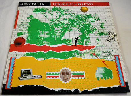 Used vinyl record cover for 'Hugh Masekela - Techno-Bush' featuring a collage of images including a man with a laptop, a keyboard, and various musical instruments against a patterned background.