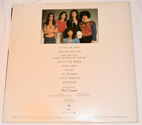 Rear vinyl record cover for 'Astral Projector' by Zon showing a picture of the band and text of the song titles on a white background.